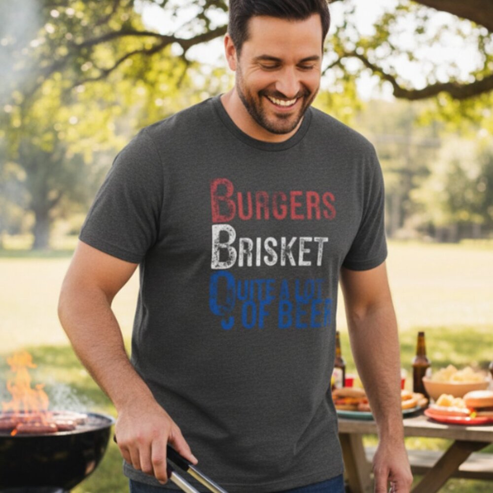 BBQ Grilling Graphic T-Shirt Burgers Brisket Beer Funny Mens Tee M, L & XL